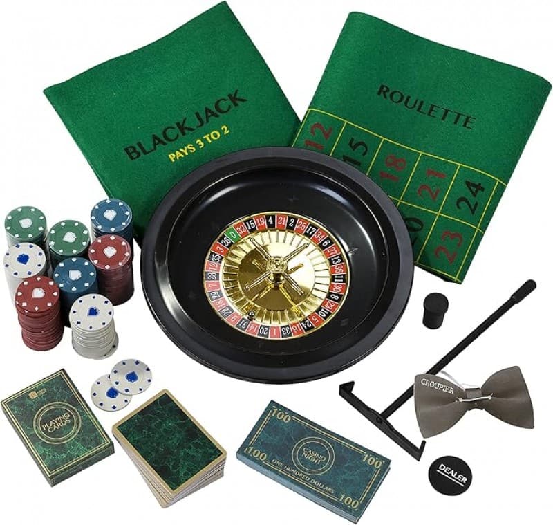 Blackjack Casino Night Game Kit – Play Poker Roulette Glücksspielset für Erwachsene enthält Spielmat