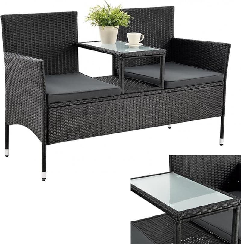 Messemöbel Polyrattan Sitzbank Monaco mit integriertem Tisch für 2 Personen 63 x 133 x 84 cm