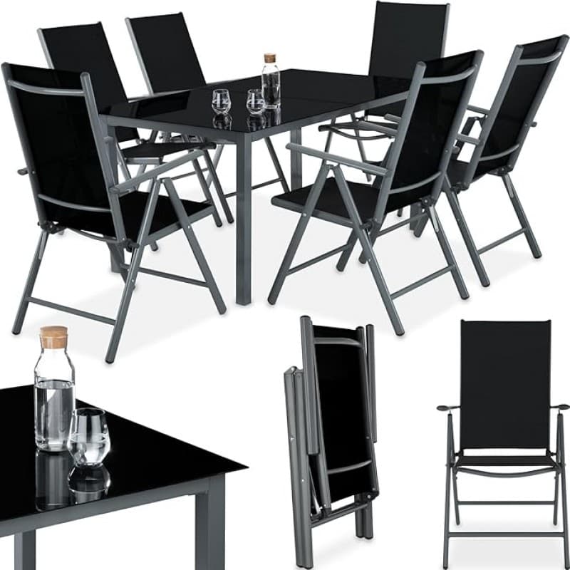 Essgruppe Aluminium Klappstühle Esstisch Messemöbel Lounge Set mit 6 x Stühlen und 1 x Glastisch Set – 2
