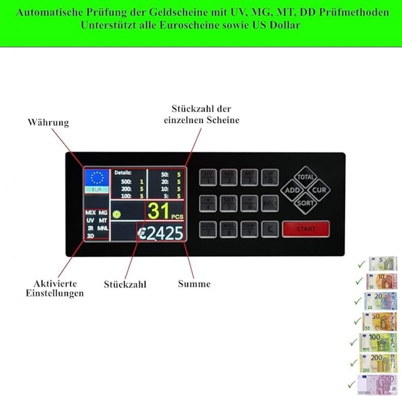 Wertzähler Geldzählmaschine Mischbanknotenzähler Summenzähler Banknotenprüfer Geldzählmaschine Schei – 5