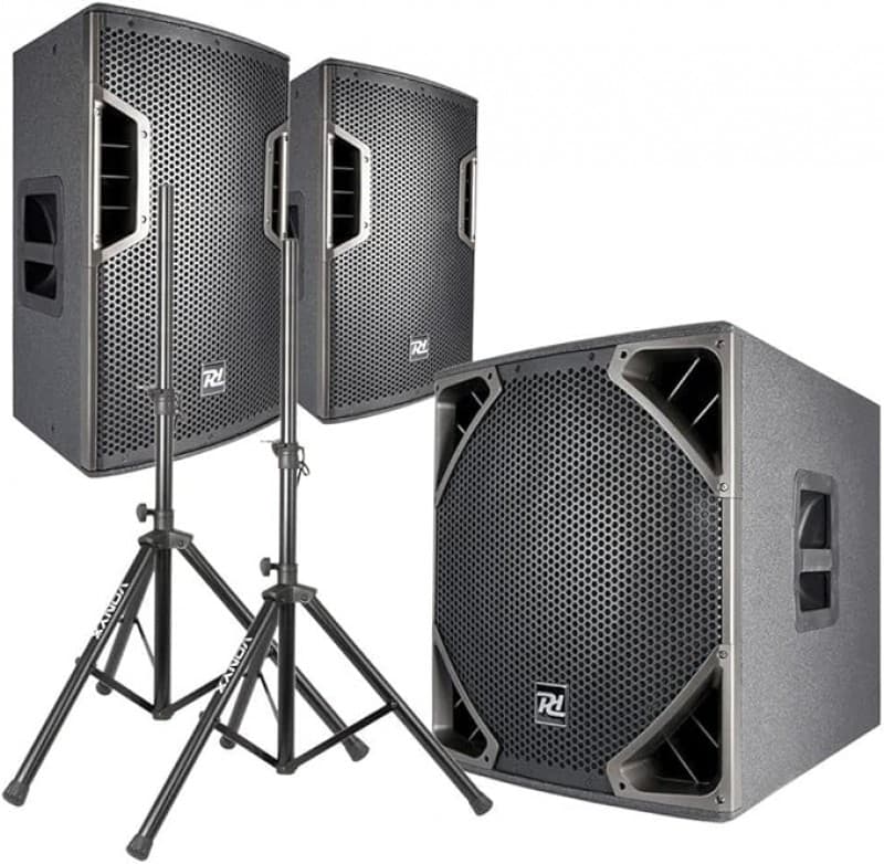 PA Soundsystem DJ-Box Set – Aktive PA-Anlage Komplettset 2.1 Set 2600 W mit Lautsprecher-Stativen Ka