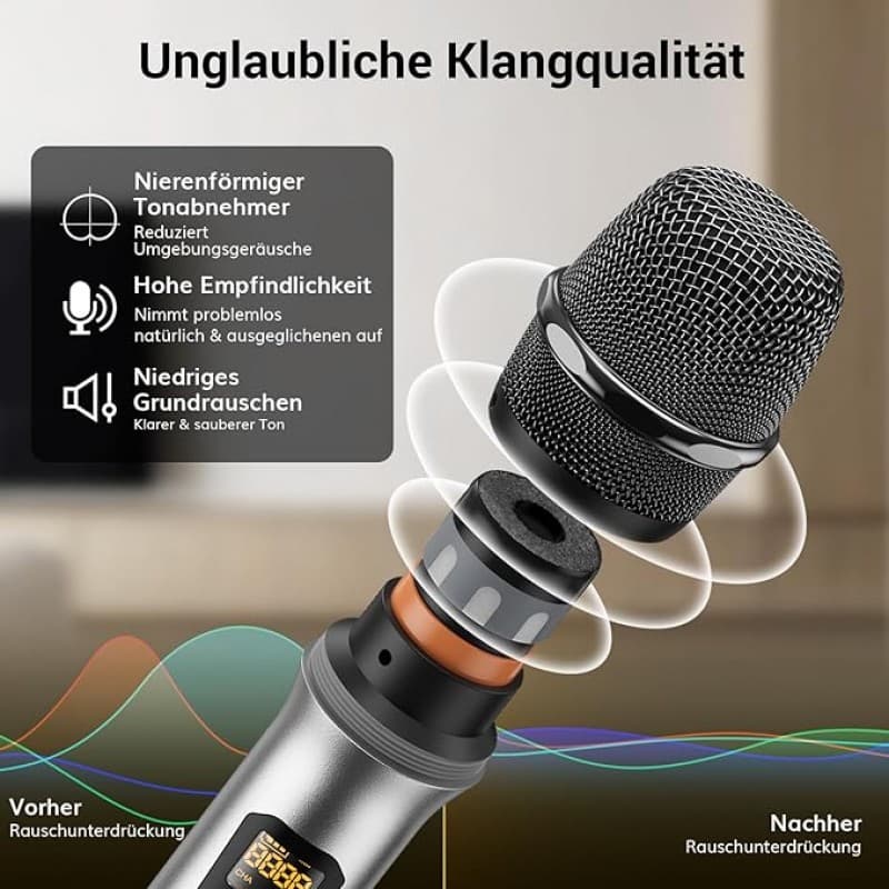 Funkmikrofon Profi 4-Kanal UHF Mikrofon Funkset mit 2 x Handmikrofon mit 2 x Bodypack Sender mit 2 x – 3