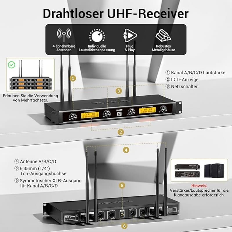 Funkmikrofon Profi 4-Kanal UHF Mikrofon Funkset mit 2 x Handmikrofon mit 2 x Bodypack Sender mit 2 x – 4