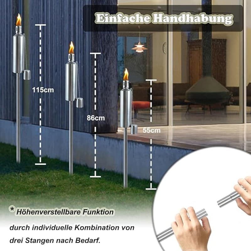 Fackeln 6er Set für draußen Edelstahl rostfrei 330 ml Ölfackeln Fackeln Hoch 115 cm lange Brenndauer – 4