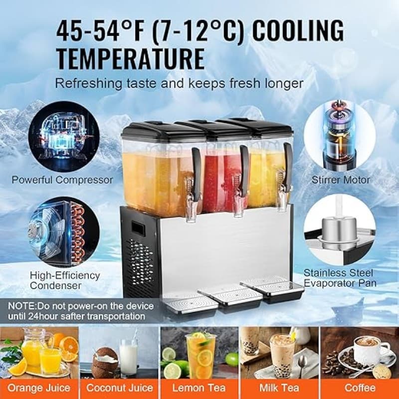 Getränkespender 3er mit eigener Kühlung 3 Tanks Saftspender 12L (pro Tank) 370W Edelstahl Eistee-Get – 3