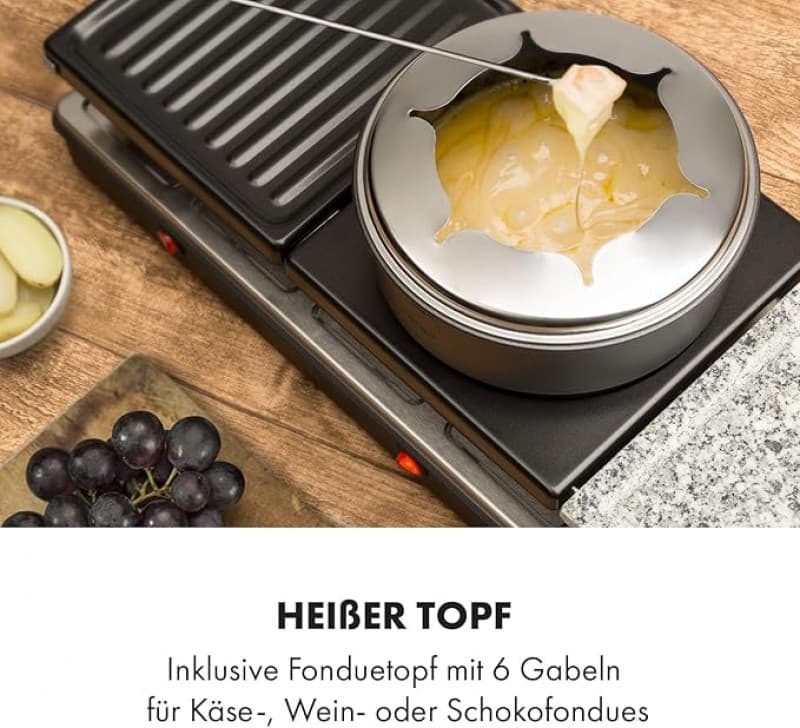 Raclettegrill & Fondue Fondulette XL Crêpe-Platte 3 in 1 1650 Watt Grill Metall / Naturstein / 3 sep – 3
