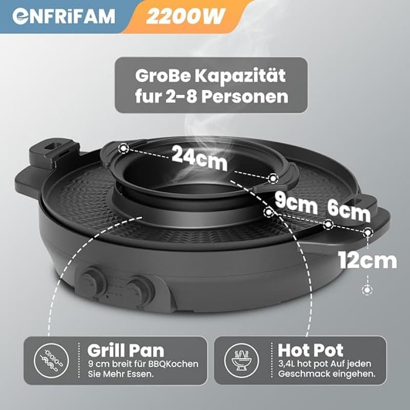 Elektrischer Hot Pot 2-in-1 Hotpot Topf und Raclette Grill Pfanne und Suppentopf abnehmbar rauchfrei – 4