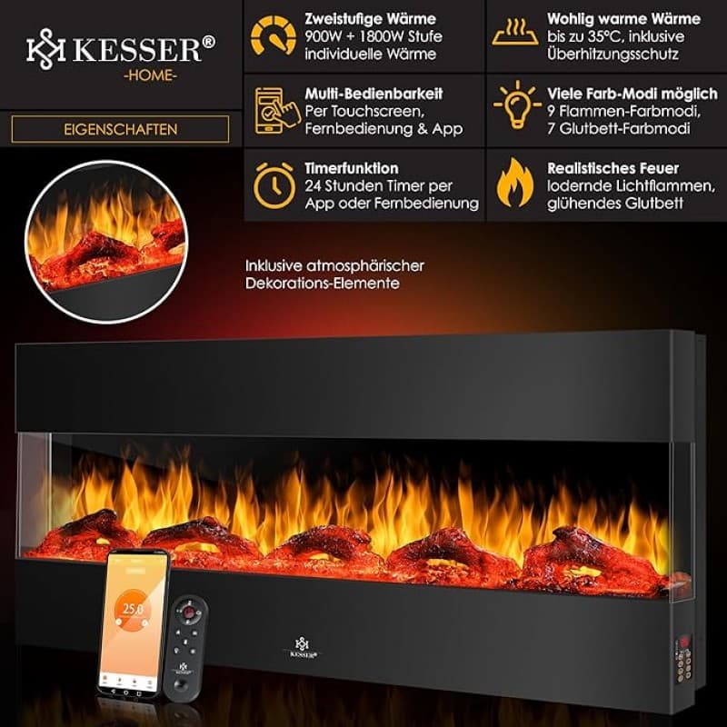 Elektrokamin 3D Elektro 138 cm Kamin mit Heizung 9 Farbmodi LED Flammeneffekt 900/1800 W Heizkamin H – 2