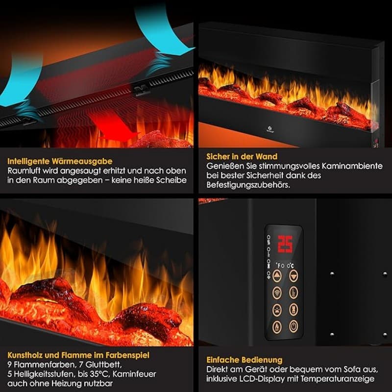 Elektrokamin 3D Elektro 138 cm Kamin mit Heizung 9 Farbmodi LED Flammeneffekt 900/1800 W Heizkamin H – 3
