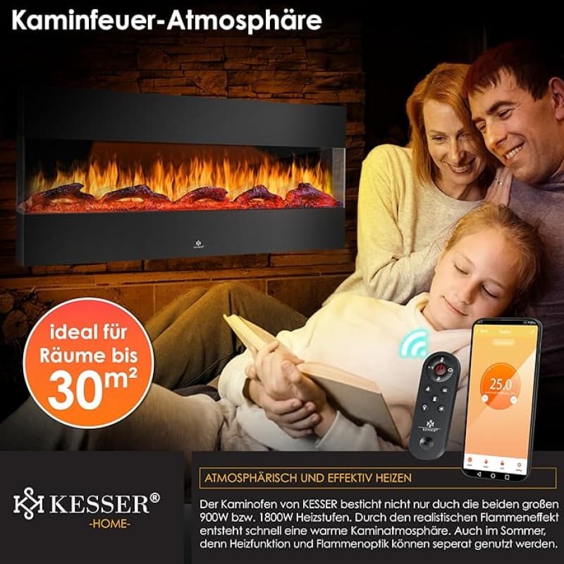 Elektrokamin 3D Elektro 138 cm Kamin mit Heizung 9 Farbmodi LED Flammeneffekt 900/1800 W Heizkamin H – 4