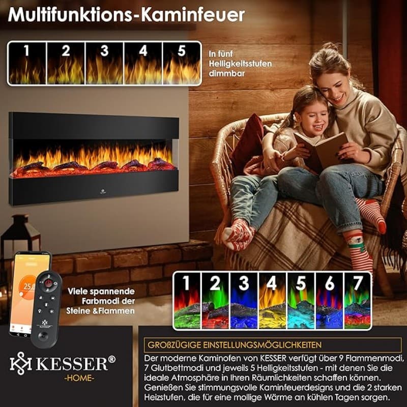 Elektrokamin 3D Elektro 138 cm Kamin mit Heizung 9 Farbmodi LED Flammeneffekt 900/1800 W Heizkamin H – 5