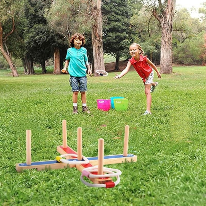 Wurfspiel Quoits Gartenspiele für Kinder und Erwachsene 5 Stück Seilringe aus Holz + 8 Stück bunte R – 3