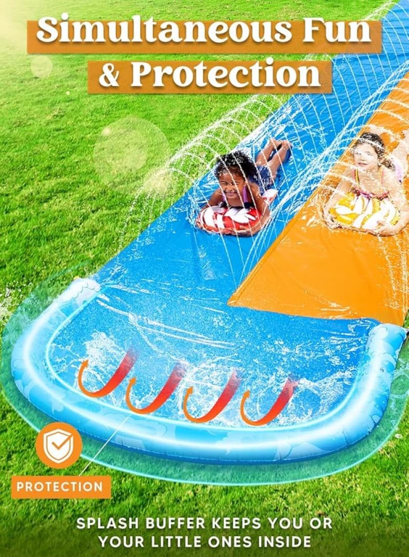 Wasserrutsche ca. 10 m Heavy Duty Rasen Wasserrutschen Doppel mit Sprinkler für Kinder + Erwachsene – 3