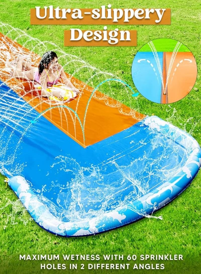 Wasserrutsche ca. 10 m Heavy Duty Rasen Wasserrutschen Doppel mit Sprinkler für Kinder + Erwachsene – 4