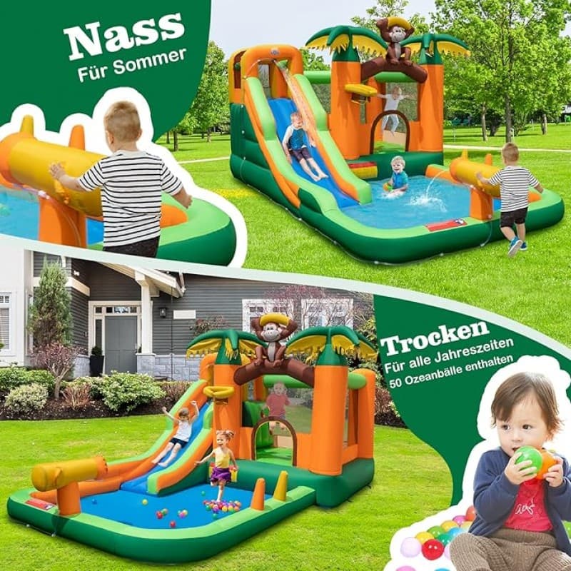 Wasserpark Hüpfburg mit Wasserrutsche tropischer 7-in-1 Wasserpark mit langer Rutsche Planschbecken – 2