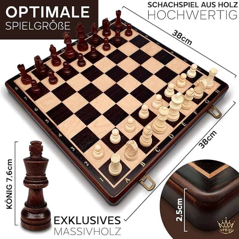 Premium Schachspiel Holz hochwertiges Massivholz 38 x 38 cm 2 extra Damen edles Schachbrett Holz hoc – 2