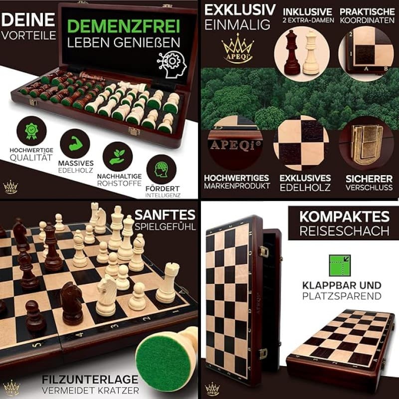 Premium Schachspiel Holz hochwertiges Massivholz 38 x 38 cm 2 extra Damen edles Schachbrett Holz hoc – 4