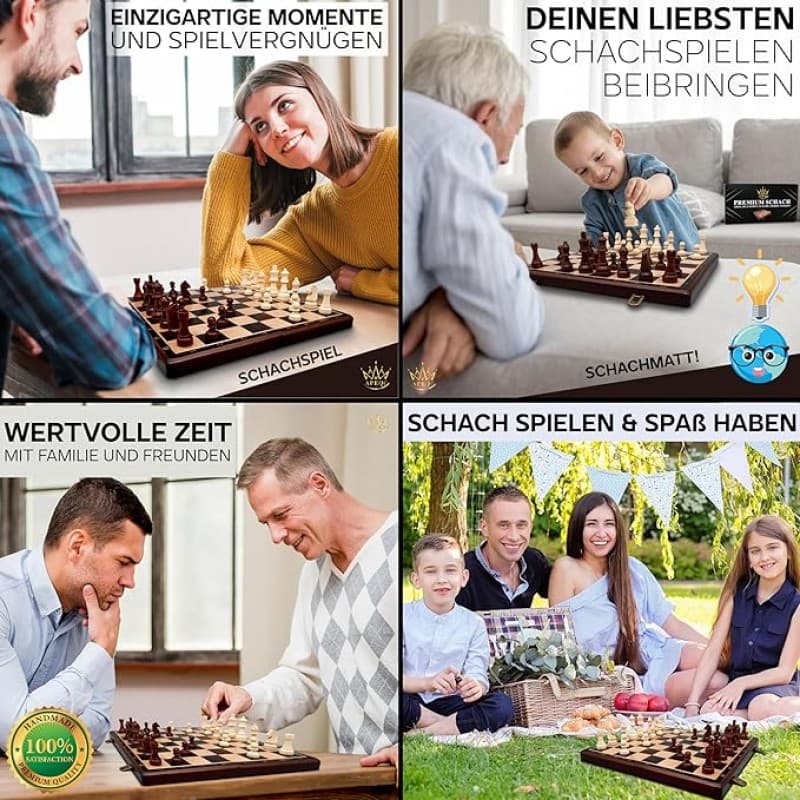 Premium Schachspiel Holz hochwertiges Massivholz 38 x 38 cm 2 extra Damen edles Schachbrett Holz hoc – 5