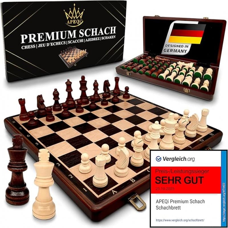 Premium Schachspiel Holz hochwertiges Massivholz 38 x 38 cm 2 extra Damen edles Schachbrett Holz hoc
