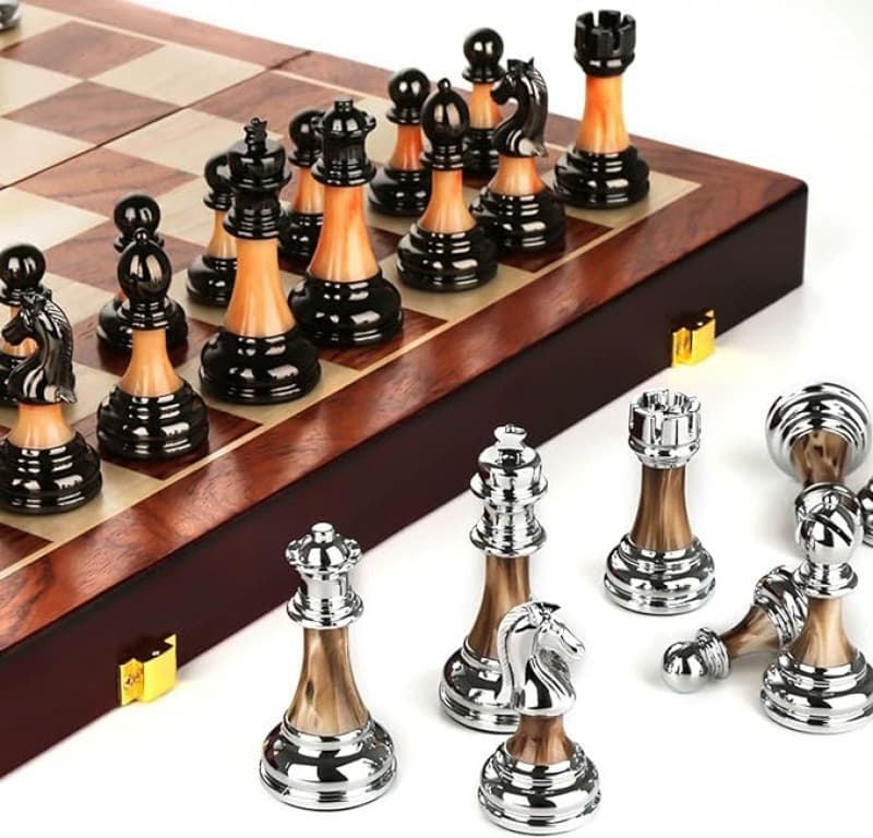 Schachbrett Eleganz Holz hochwertig + edel faltbares Schachspiel Reiseschachbrett handgeschnitzter – 2