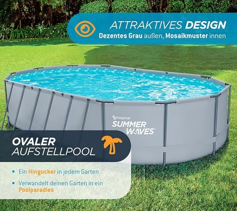 Swimmingpool Gartenpool Pool Komplettset Aufstellpool Oval 610 x 366 x 122 cm Grau mit Filterpumpe F – 2