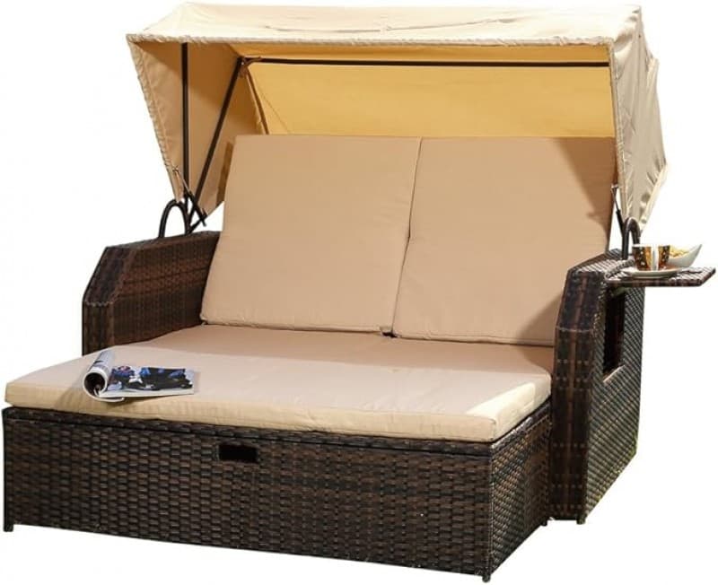 Sonnenbett Strandkorb Lounge aus Polyrattan braun inkl. klappbaren Seitentisch + verstellbarer Rücke – 2