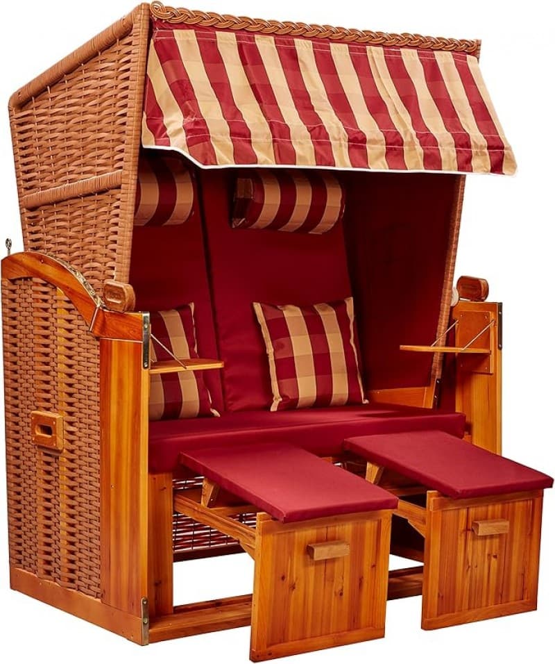 Strandkorb rot Strandschönheit Ostsee 2-Sitzer Vollholzfront beige burgund kariert Strand Balkon Ter – 2