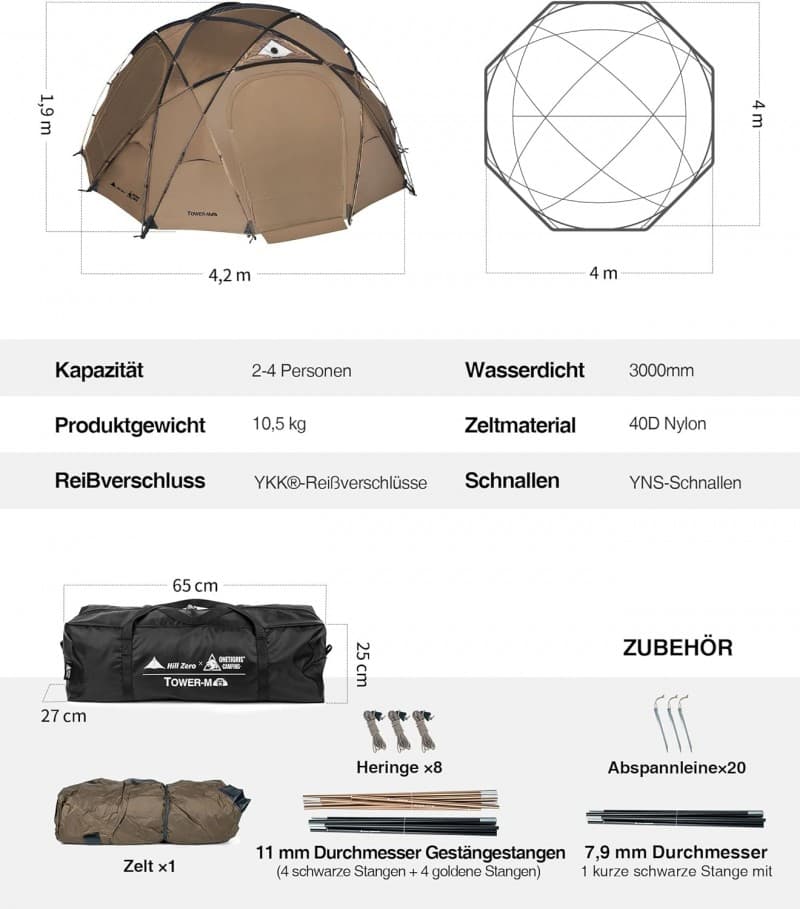 Kuppelzelt 4 Personen Campingzelt Familiencamping Familienzelt Winterzelt wasserdicht 3000 mm 4 Jahr – 5