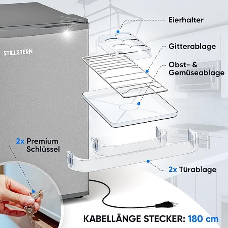 Minikühlschrank 230 V mit Schloss A++ (45 Liter) silber leise Frostfach Abtauautomatik Eierablage Tü – 2