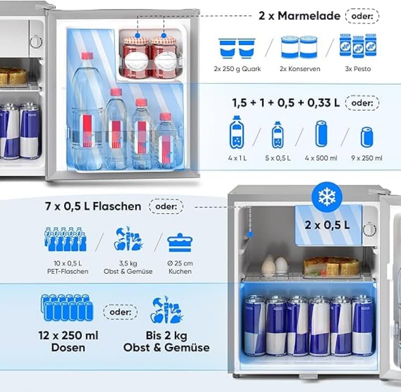 Minikühlschrank 230 V mit Schloss A++ (45 Liter) silber leise Frostfach Abtauautomatik Eierablage Tü – 3