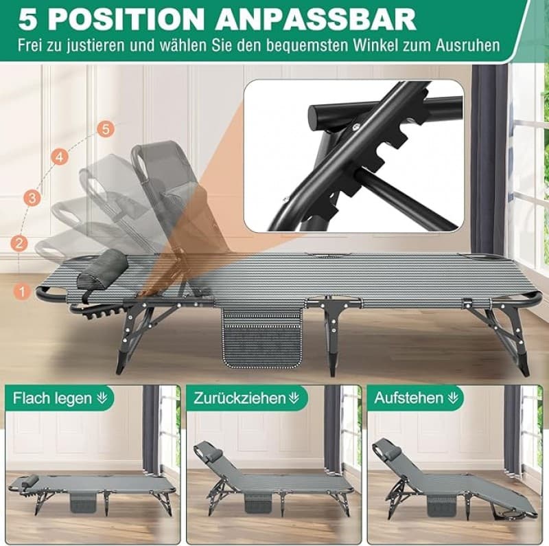 Zeltbett Sonnenliege Zeltliege 200kg belastbar Balkon/Garten klappbar mit Auflage Seitentasche Kopfs – 4