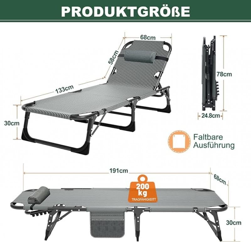 Zeltbett Sonnenliege klappbar Gartenliege 68 cm Breite 200 kg belastbar mit Matratze und Kopfstütze – 3