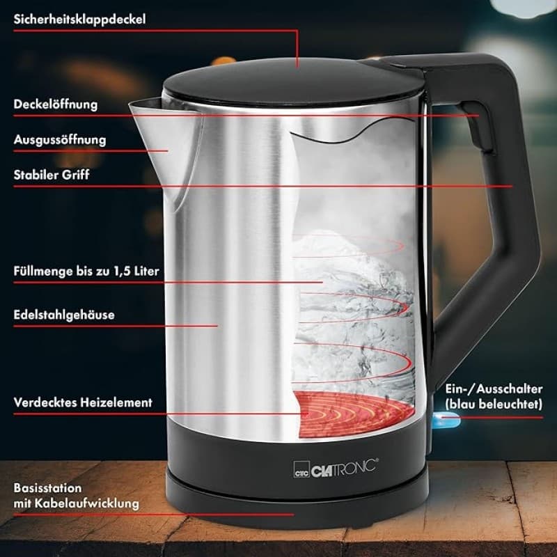 Camping Wasserkocher verdecktes Heizelement Abschaltautomatik Basisstation mit Kabelaufwicklung 1,5 – 5