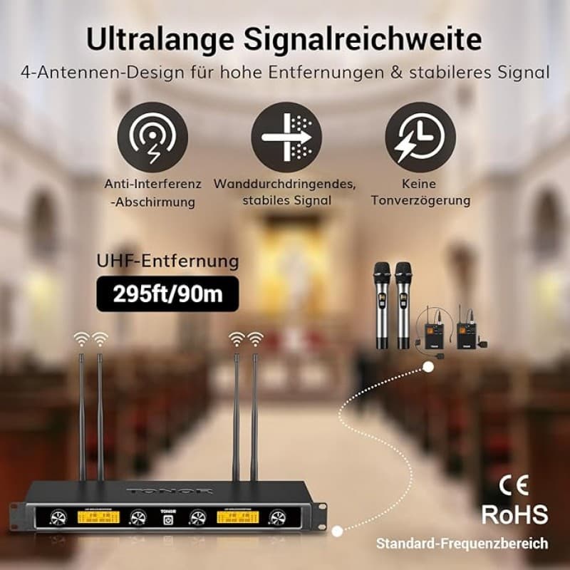 Funkmikrofon Profi 4-Kanal UHF Mikrofon Funkset mit 2 x Handmikrofon mit 2 x Bodypack Sender mit 2 x – 2