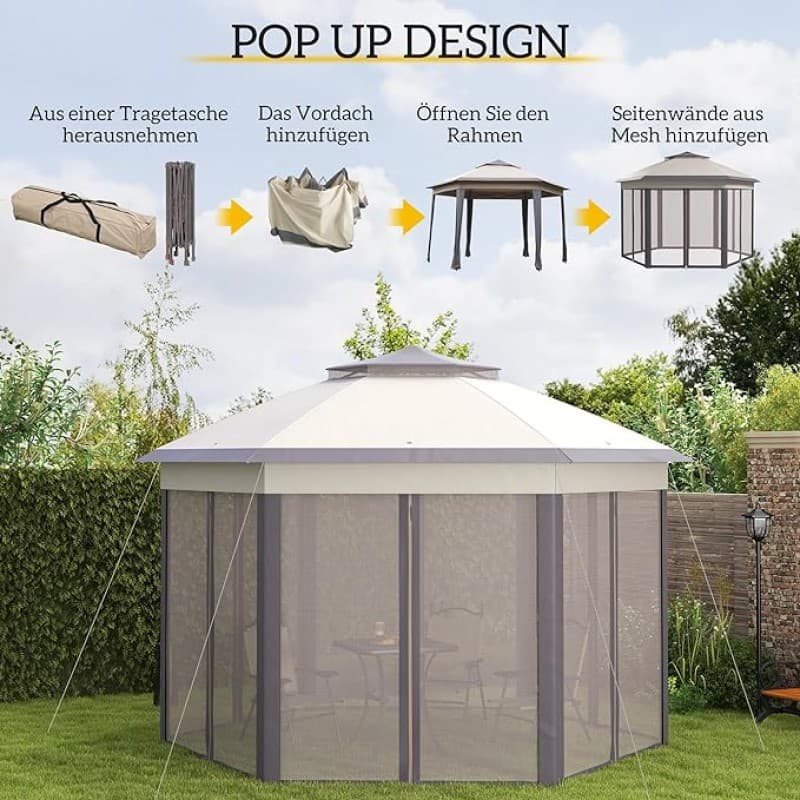 Faltpavillon Pavillon Zelt Doppeldach VIP Lounge für Ihre Gäste – sechseckig 4 x 4 m (16 qm) – 3