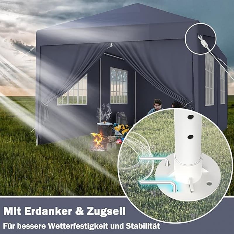 Faltpavillon Pavillon Zelt wasserdicht 4 Seitenwände 2 Fenster Türe mit Reißverschluss 3 x 3 m (9 qm – 4
