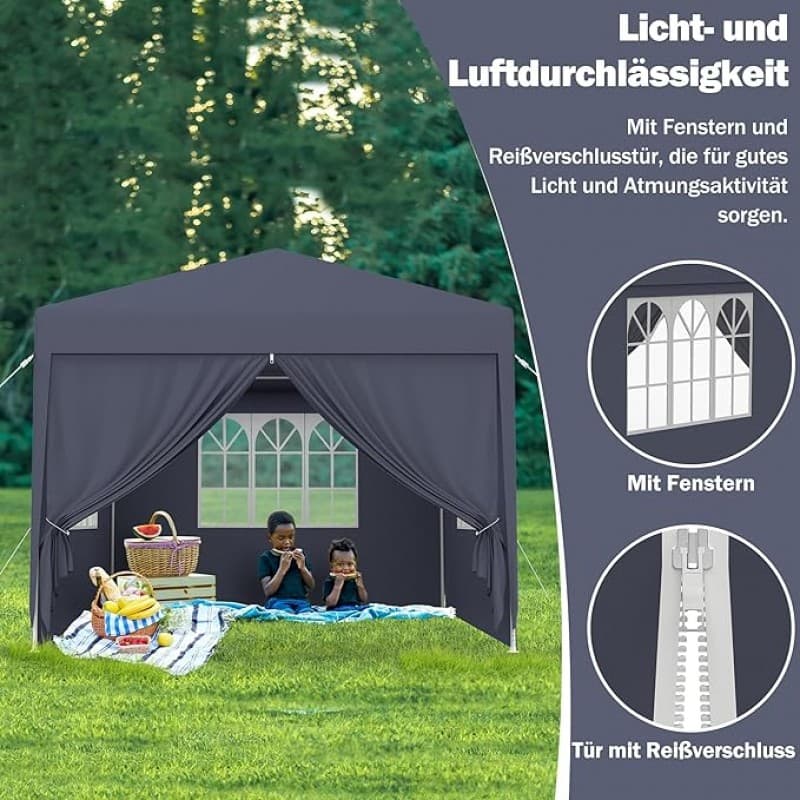 Faltpavillon Pavillon Zelt wasserdicht 4 Seitenwände 2 Fenster Türe mit Reißverschluss 3 x 3 m (9 qm – 5