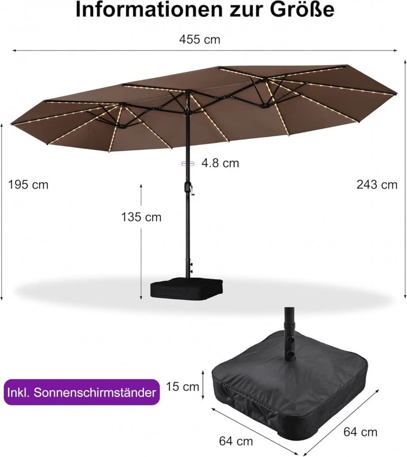Doppelsonnenschirm LED 455 x 270 cm großer ovaler Sonnenschirm mit Kurbel UV-Schutz – 4
