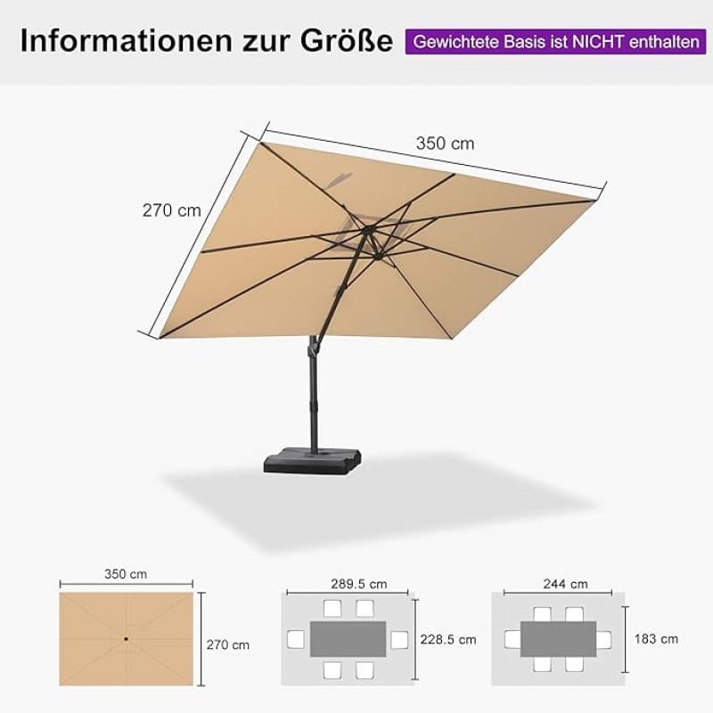 Ampelschirm Sonnenschirm 270 x 350 cm rechteckig mit Kurbel großer Gartenschirm neigbar 360° – 4