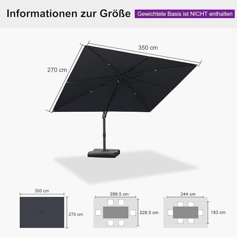 Sonnenschirm Ampelschirm 270 x 350 cm rechteckig mit Kurbel großer Gartenschirm neigbar 360° – 5