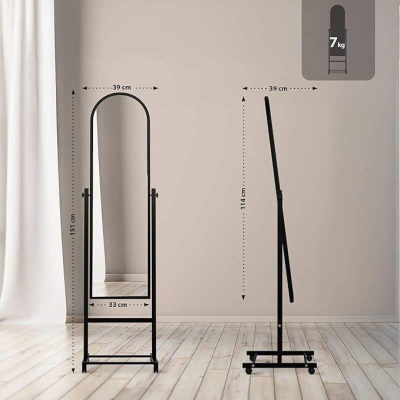 Standspiegel mit Rollen Spiegel Ganzkörperspiegel Empfangsspiegel 151 x 39 Metallrahmen neigbar 360 – 3