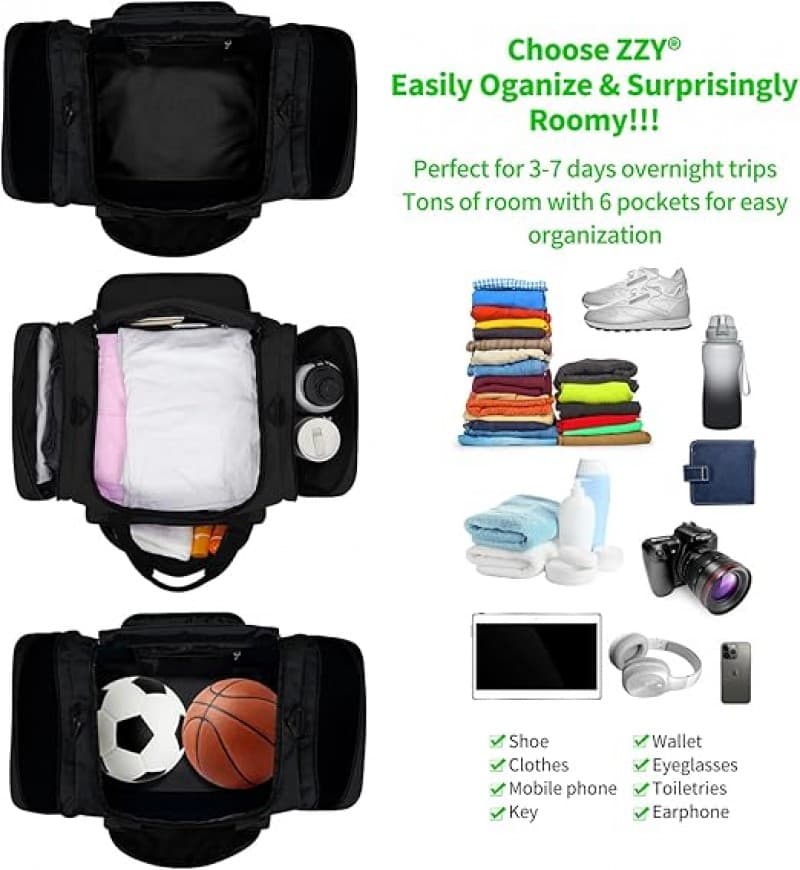 Fitnesstasche Sporttasche Reisetasche mit Schultergurt 55 L Weekender für Damen und Herren schwarz – 2