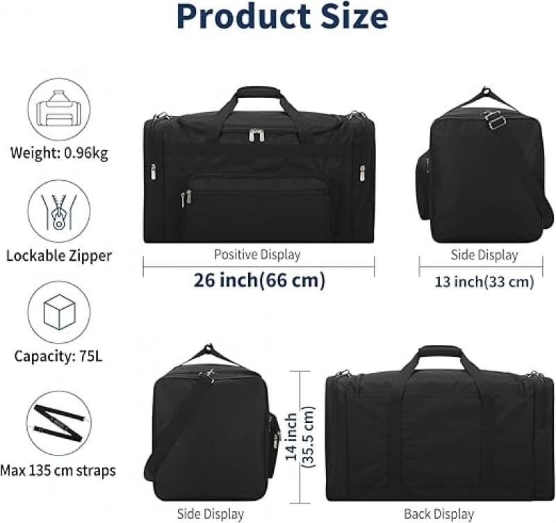 Fitnesstasche Sporttasche Reisetasche mit Schultergurt 55 L Weekender für Damen und Herren schwarz – 4