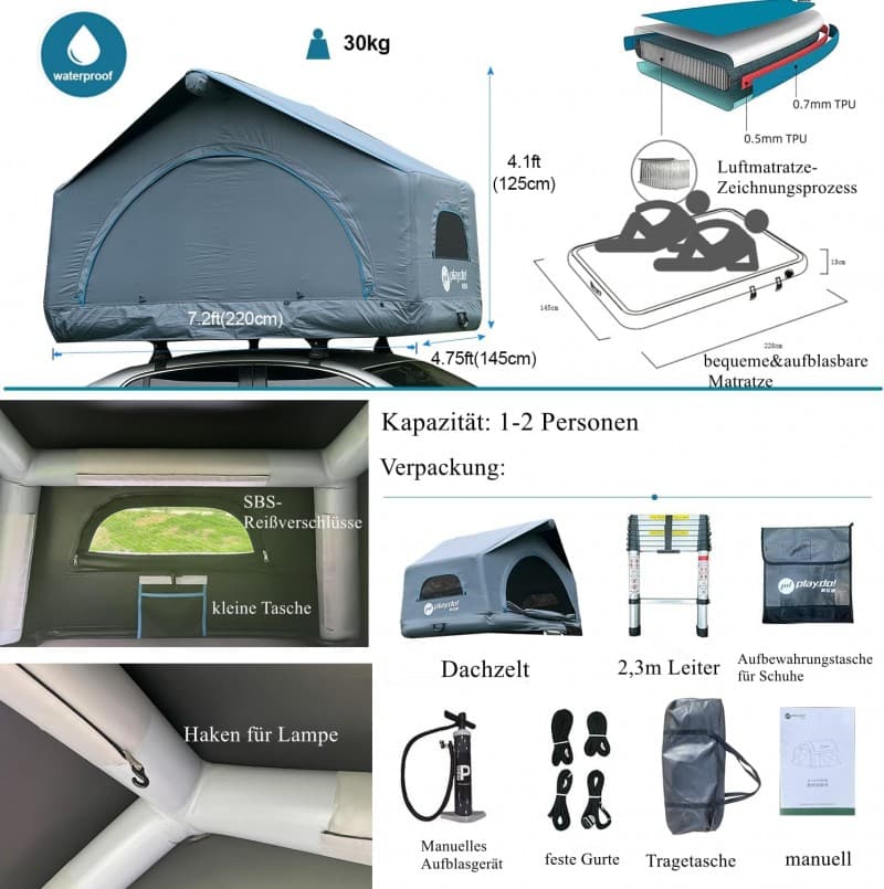 Dachzelt aufblasbar Auto 2 Personen Autodachzelt Campingzelt einfacher Aufbau Outdoor Glamping – 5