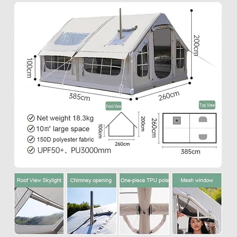 Zelt aufblasbar Glampingzelt aufblasbares Zelt 385 x 260 x 200 cm Campingzelt Ofenloch & Luftpumpe – 5