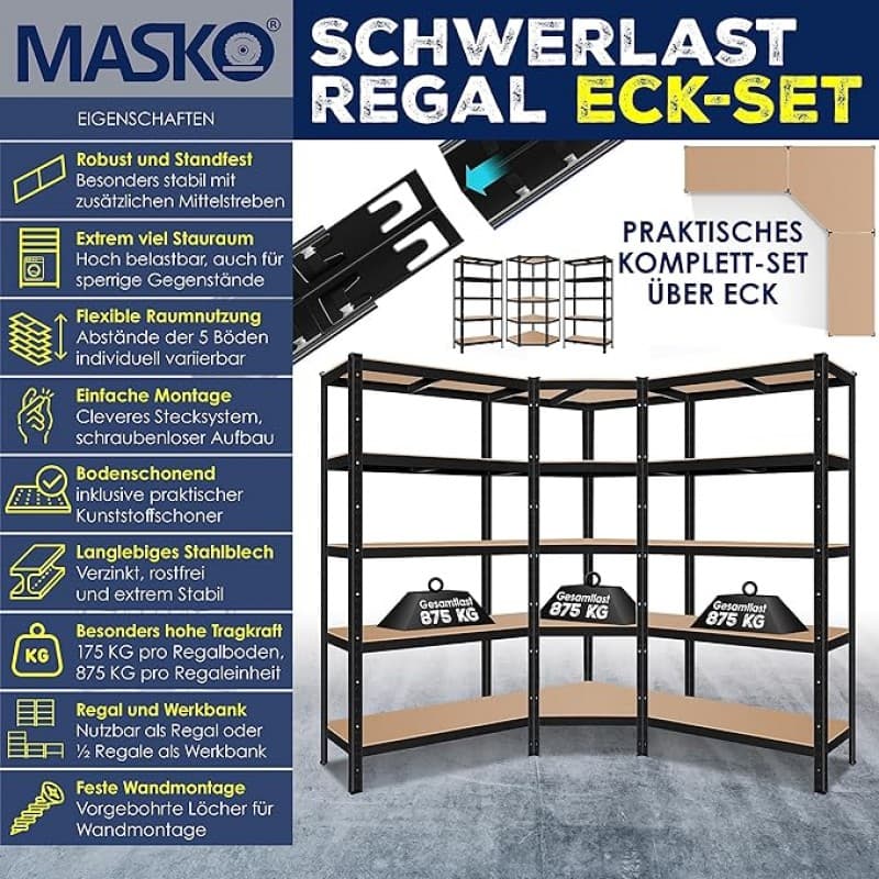 Eckregal 3er Set Regalsystem Steckregal Schwerlastregal Metall 1 x Eckregal & 2 x Lagerregal – 3