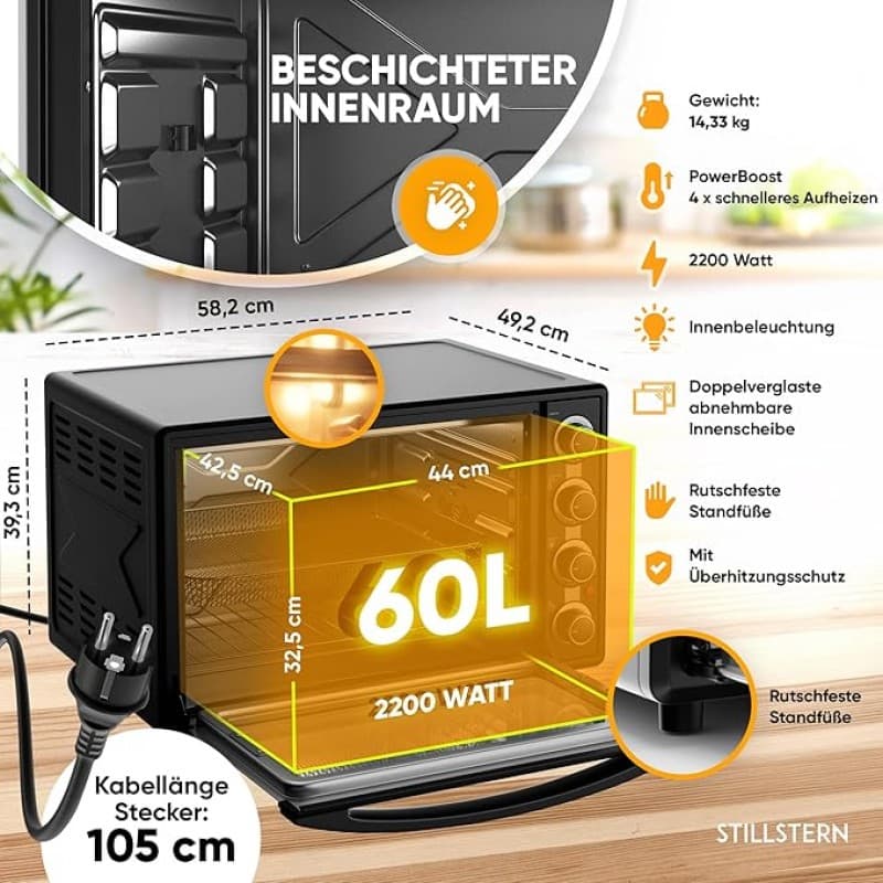 Minibackofen Hähnchengrill Drehspieß Toaster Grill Pizzaofen mit Umluft 60L Antihaftbeschichtung Air – 3