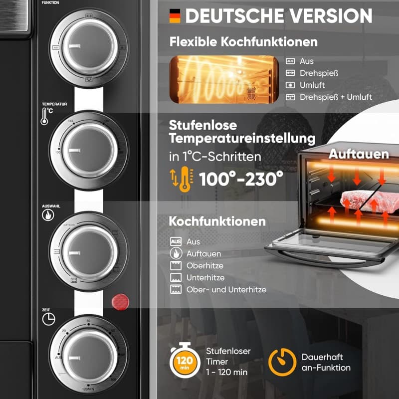Minibackofen Hähnchengrill Drehspieß Toaster Grill Pizzaofen mit Umluft 60L Antihaftbeschichtung Air – 4