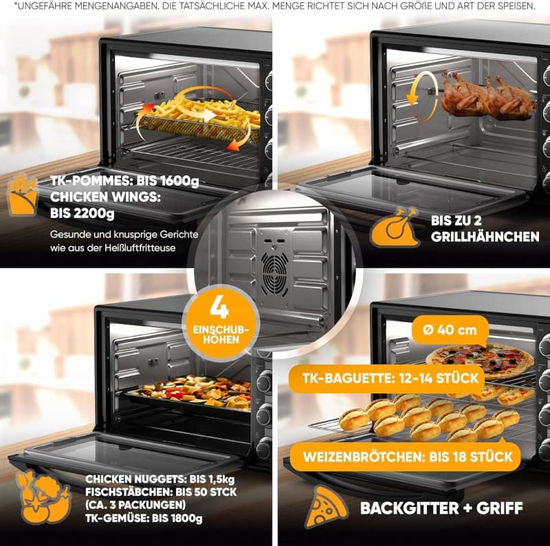 Minibackofen Hähnchengrill Drehspieß Toaster Grill Pizzaofen mit Umluft 60L Antihaftbeschichtung Air – 5