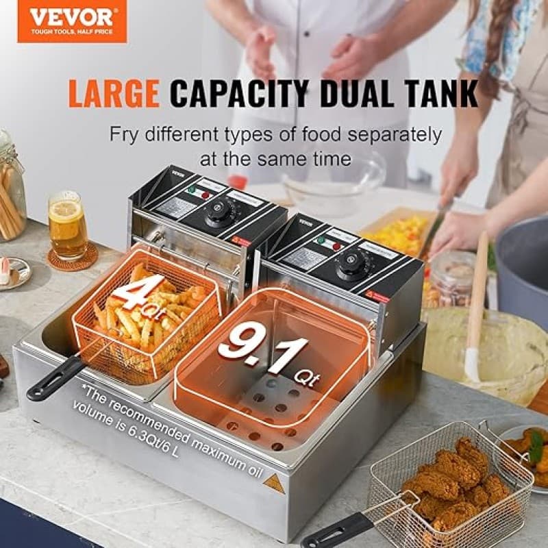 Elektrische Fritteuse aus Edelstahl 24 l Doppeltank-Fritteuse 2 x 1500 Watt inkl. 2 Frittierkörbe – 2